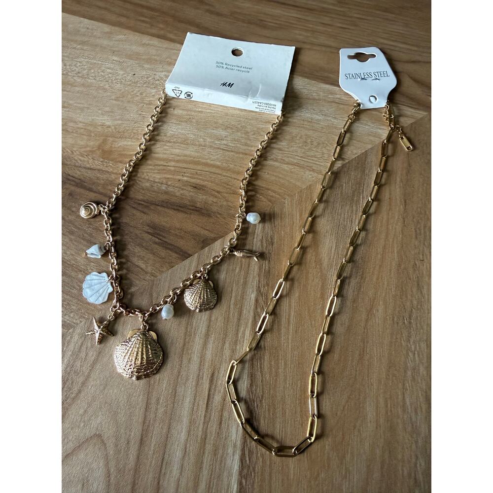 NWT H&M Charm Chain Necklace & NWT 18KGP Gold Chain Necklace Bundle
